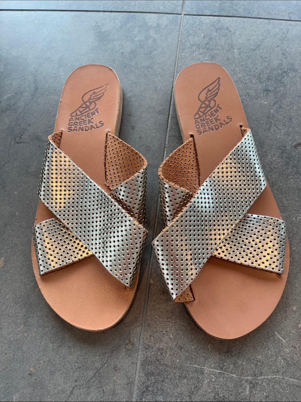 Ancient Greek Sandals Metallic Perforated Cross-Strap in Metallic Brushed Gold